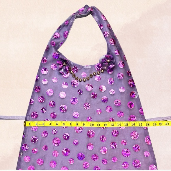 Handmade‎ Hostess Apron Purple Sequin Print Tie Back Faux Gold Bead Necklace OS - Picture 10 of 12